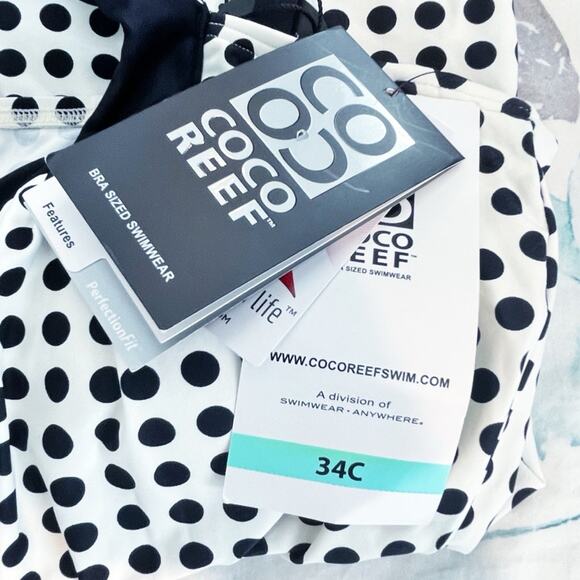 NEW Coco Reef Draped Polka Dot Tankini Top Black & White Size 34C - Picture 8 of 12